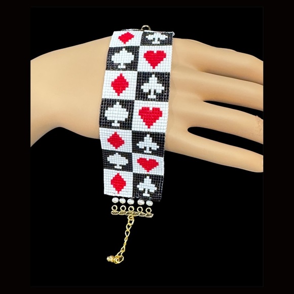 Hand Crafted Playing Card Motif Beaded Cuff Bracelet - Picture 4 of 6